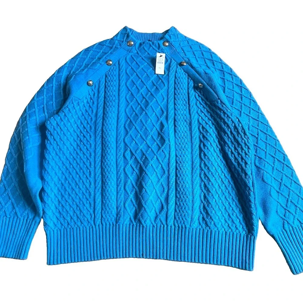 Talbots Mockneck Cable Knit Sweater Size XL Blue with Gold Buttons Women NWT